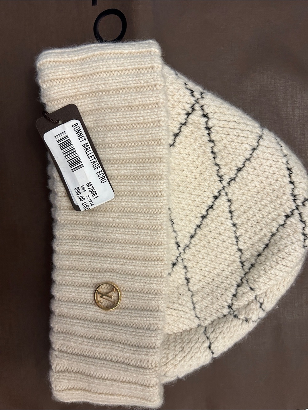 Louis Vuitton Cream Knit Beanie with Gold LV Pin